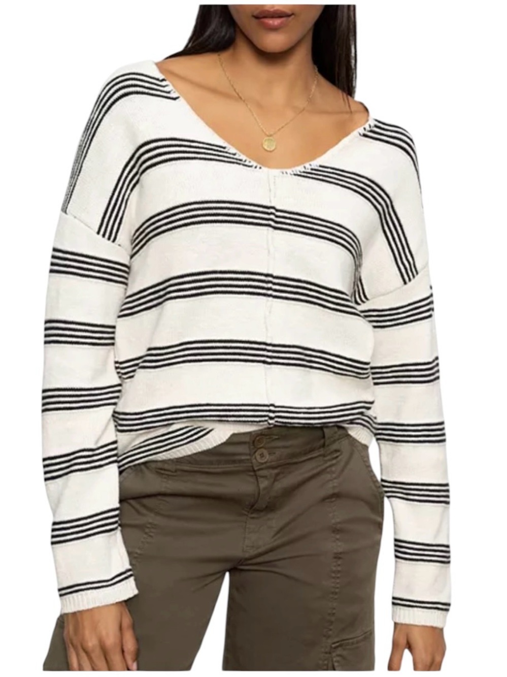 Sanctuary Easy V-Neck 100% Cotton Striped Sweater Light Oat Black Striped Medium